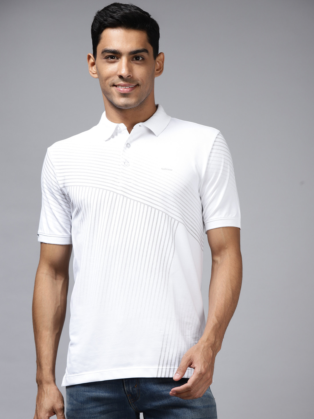 

Van Heusen Men White Striped Polo Collar Slim Fit T-shirt