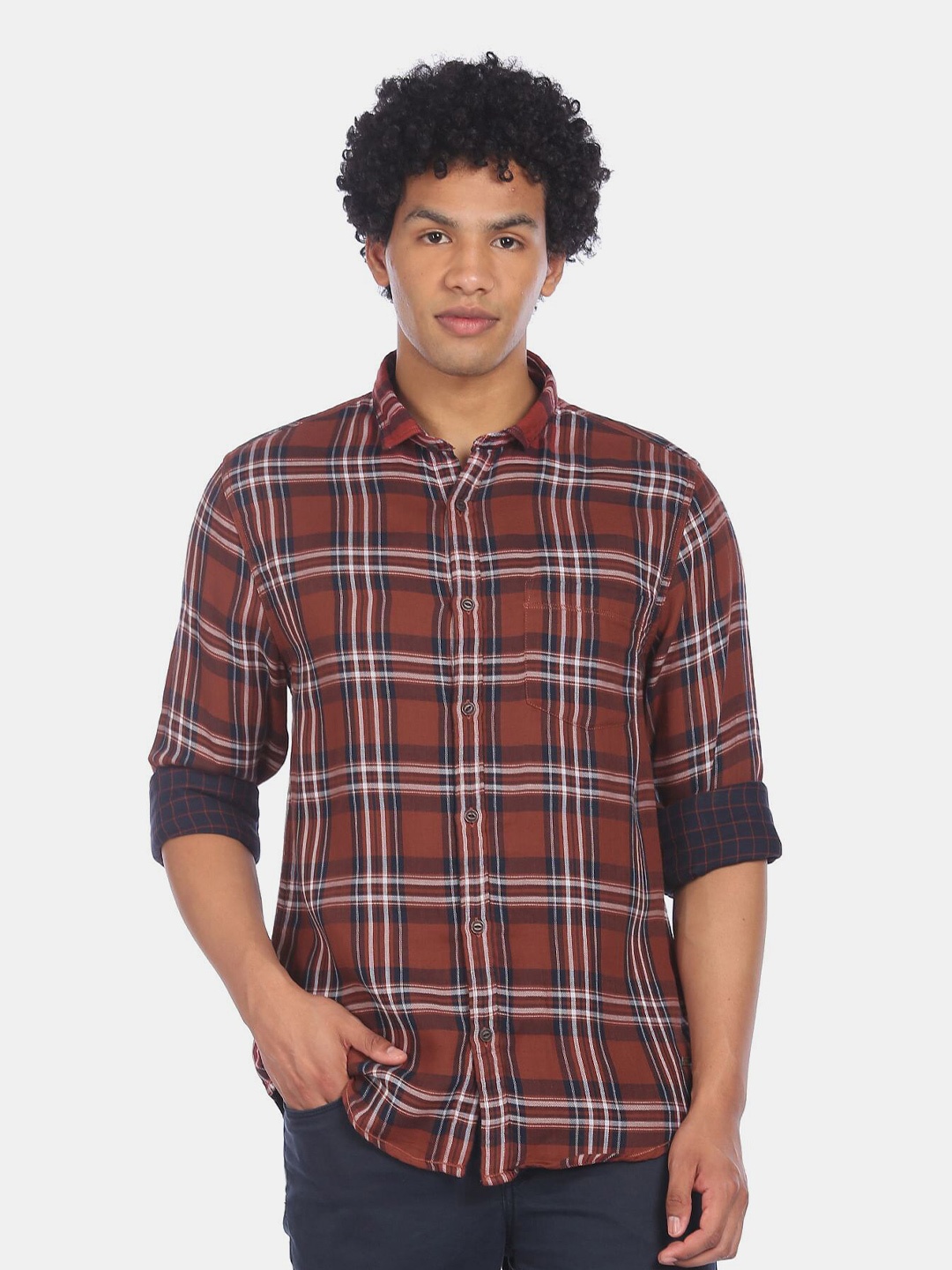 

Cherokee Men Rust & White Checked Pure Cotton Casual Shirt