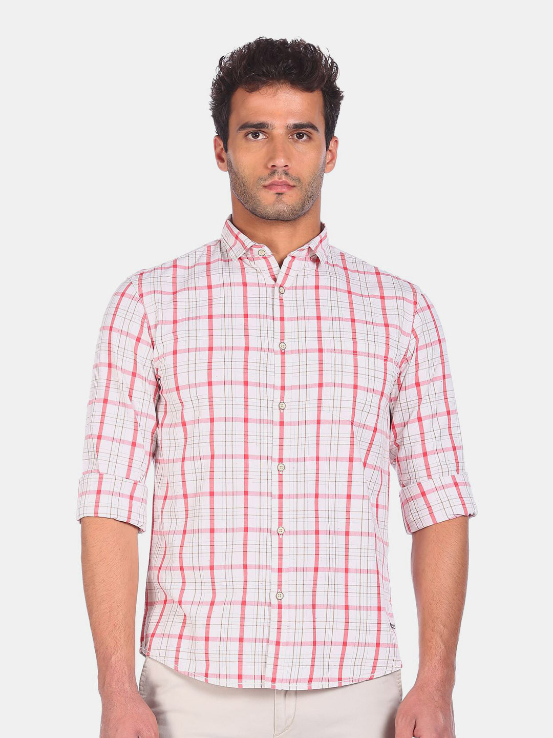 

Cherokee Men White & Pink Checked Pure Cotton Casual Shirt