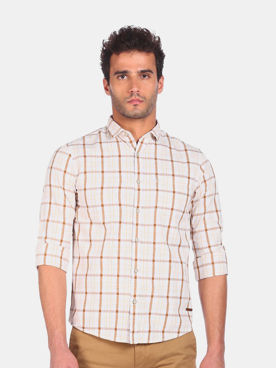 

Cherokee Men Off White & Brown Checked Pure Cotton Casual Shirt