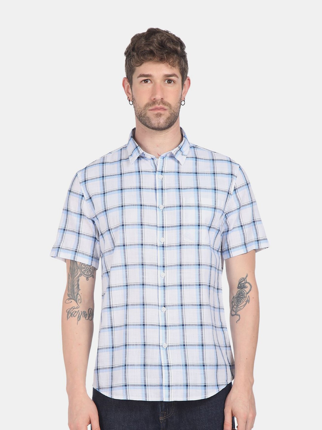 

Ruggers Men White & Blue Checked Pure Cotton Casual Shirt