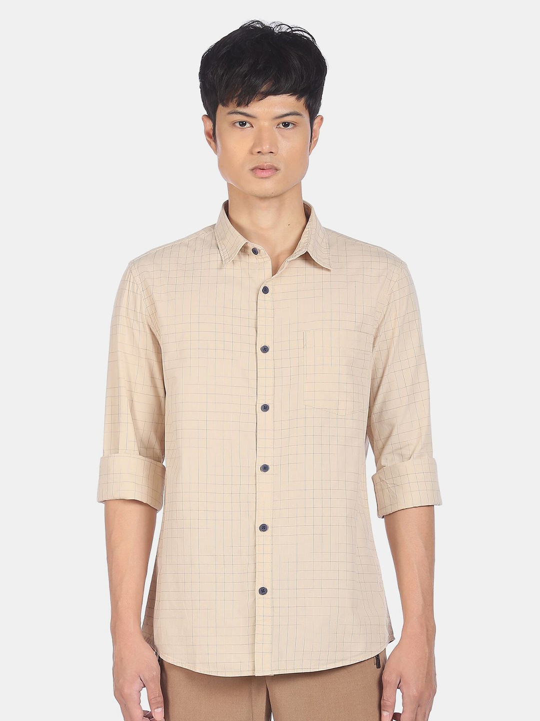 

Ruggers Men Beige Cheacked Casual Shirt