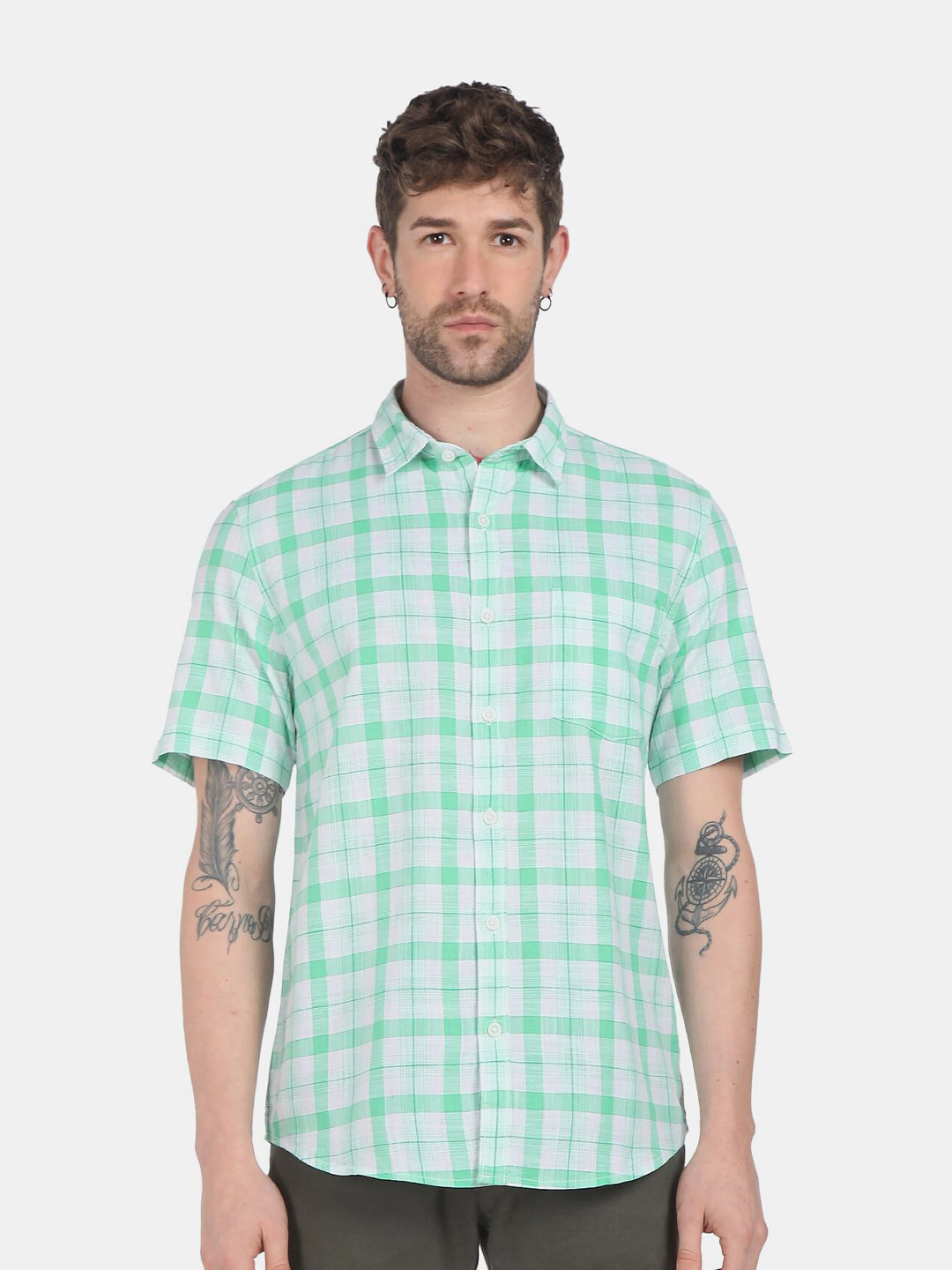 

Ruggers Men Green & Off White Checked Pure Cotton Casual Shirt