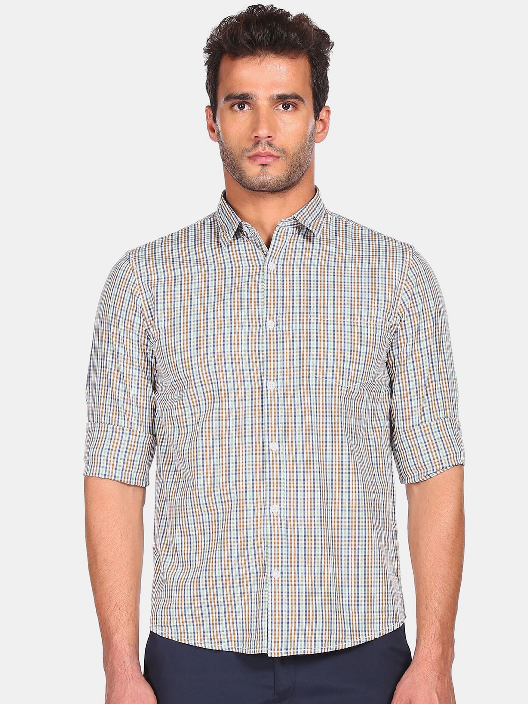 

Ruggers Men Blue & Orange Checked Casual Shirt