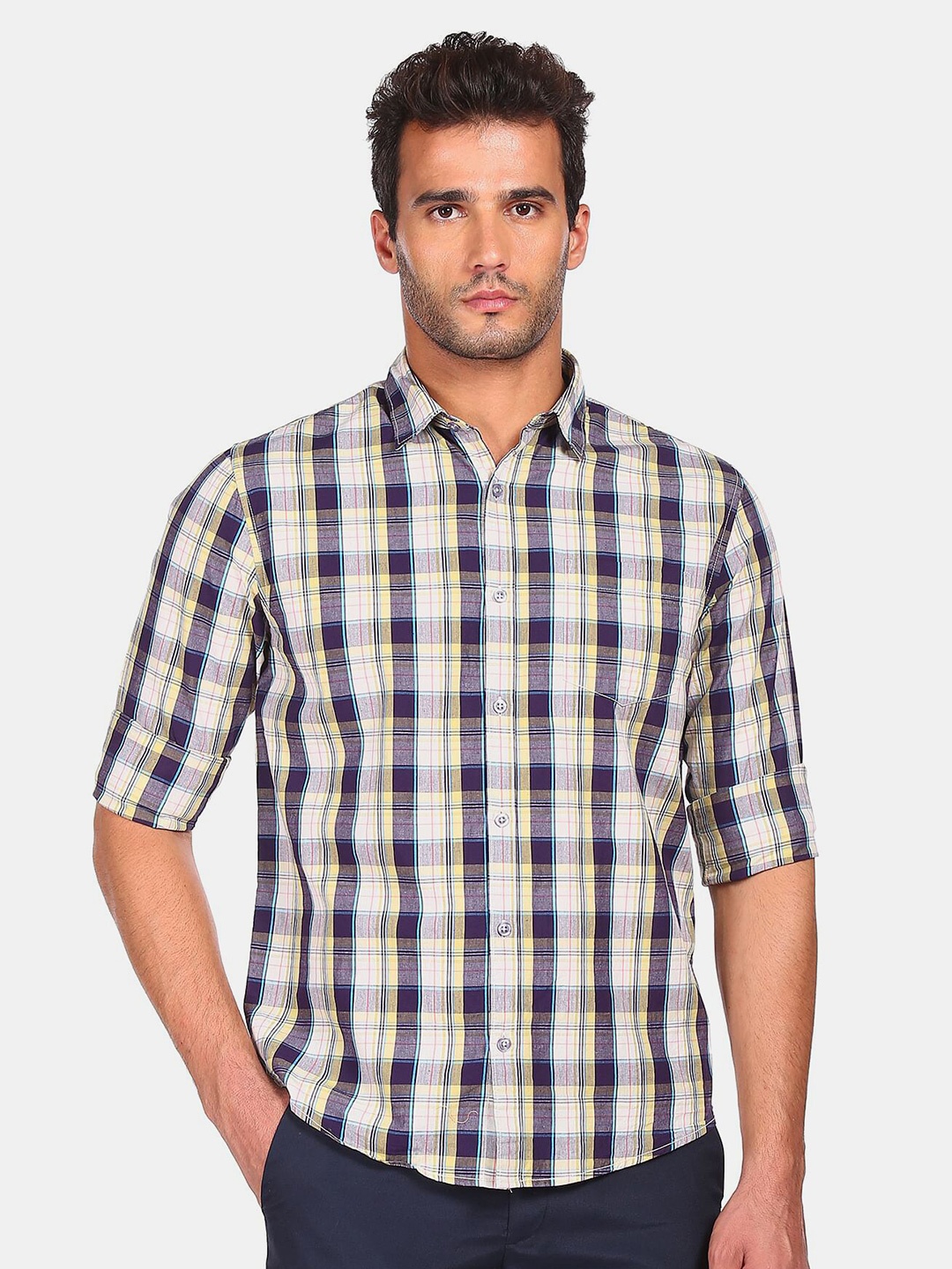 

Ruggers Men Navy Blue & Yellow Checked Casual Shirt