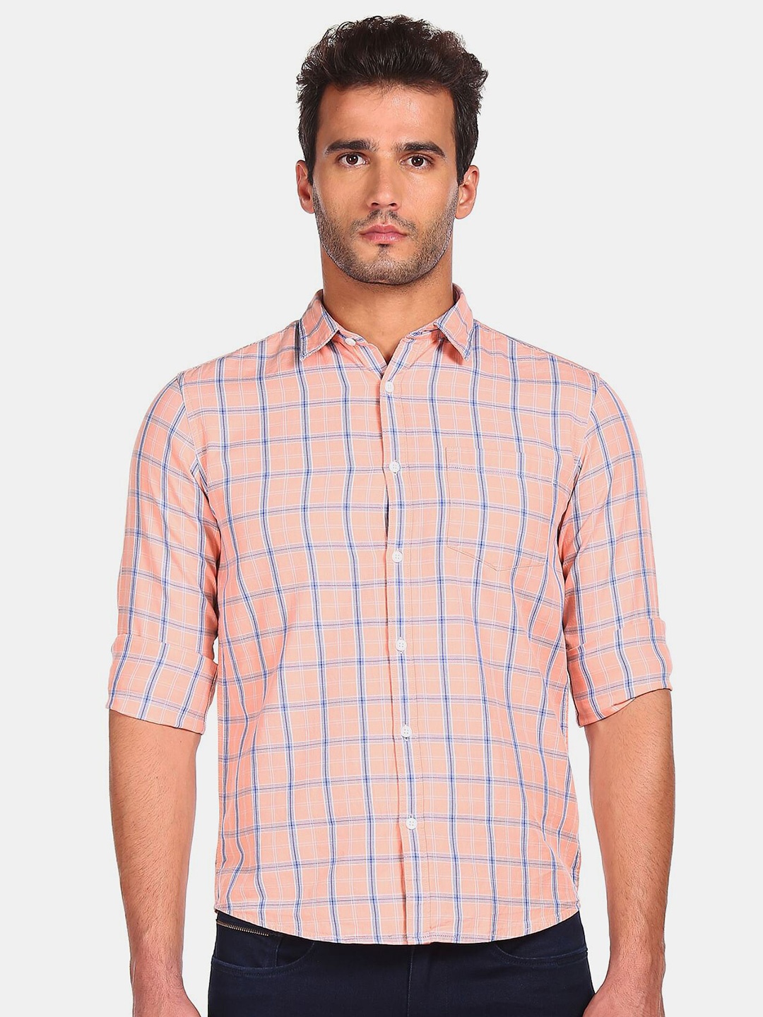 

Ruggers Men Peach Checked Casual Shirt