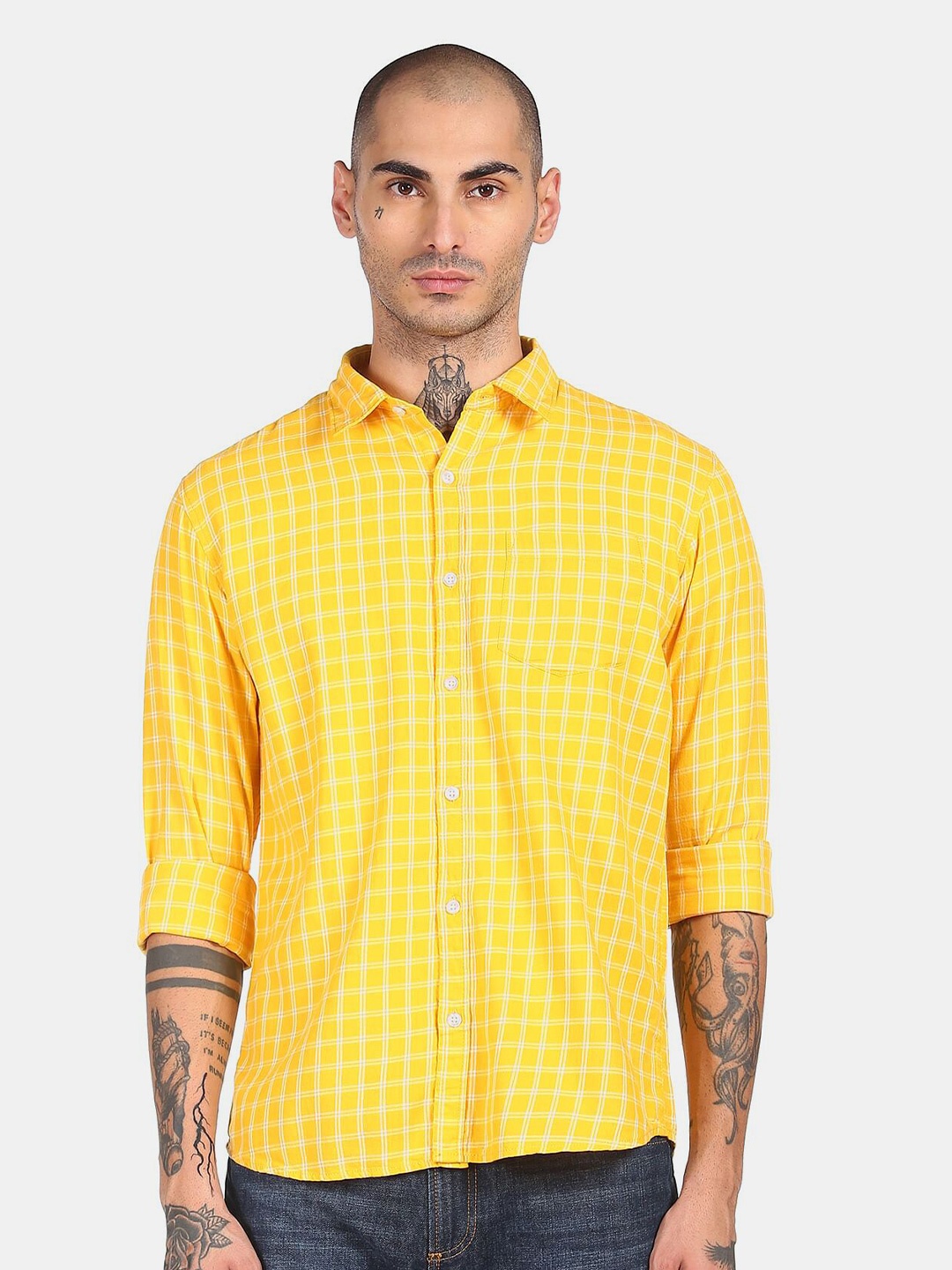 

Ruggers Men Yellow & White Checked Pure Cotton Casual Shirt
