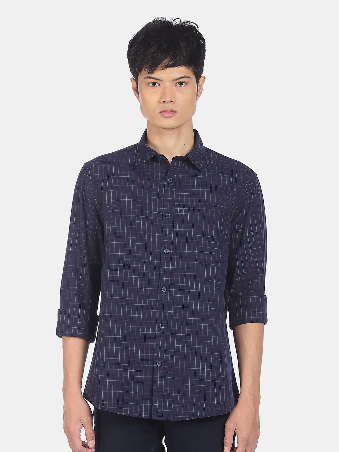 

Ruggers Men Blue Grid Tattersall Checked Casual Shirt