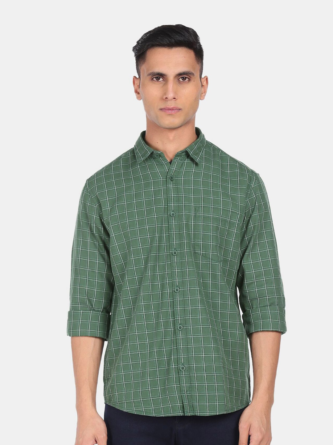 

Ruggers Men Green & White Checked Pure Cotton Casual Shirt