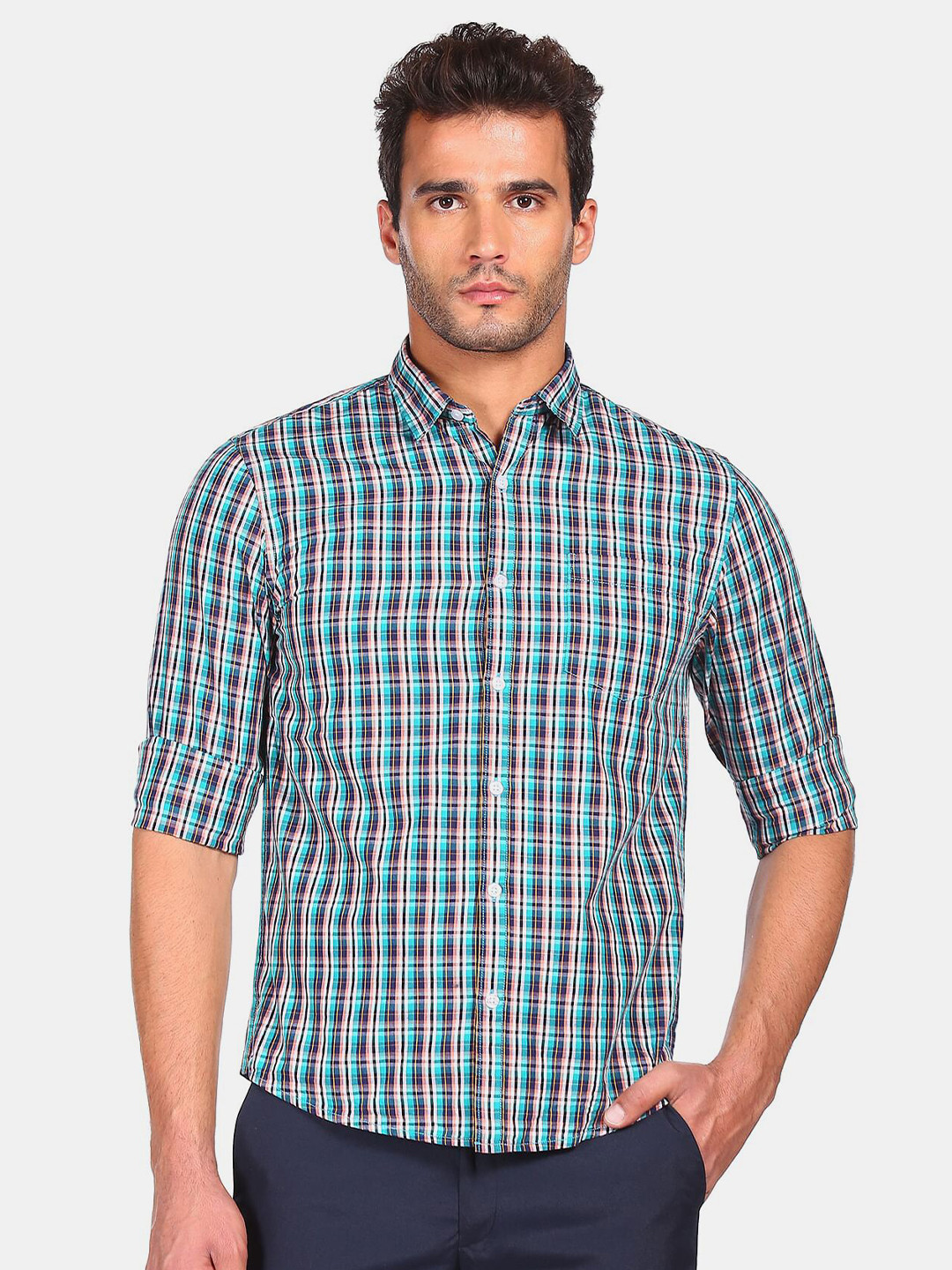 

Ruggers Men Blue & Pink Checked Pure Cotton Casual Shirt