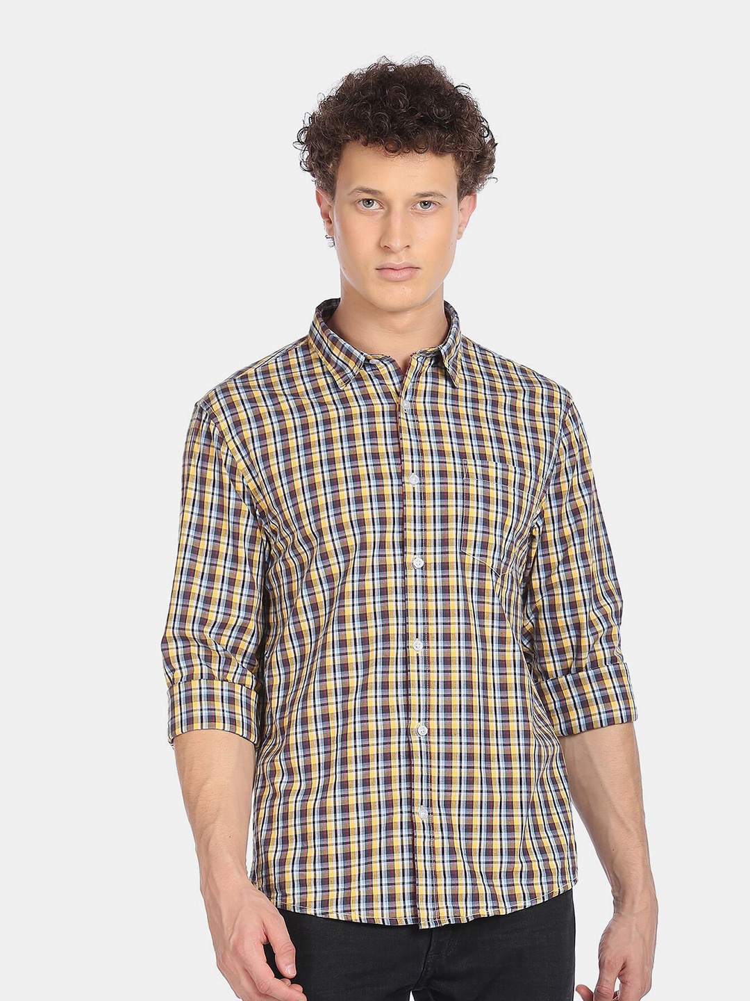 

Ruggers Men Navy Blue & Yellow Tartan Checked Casual Shirt