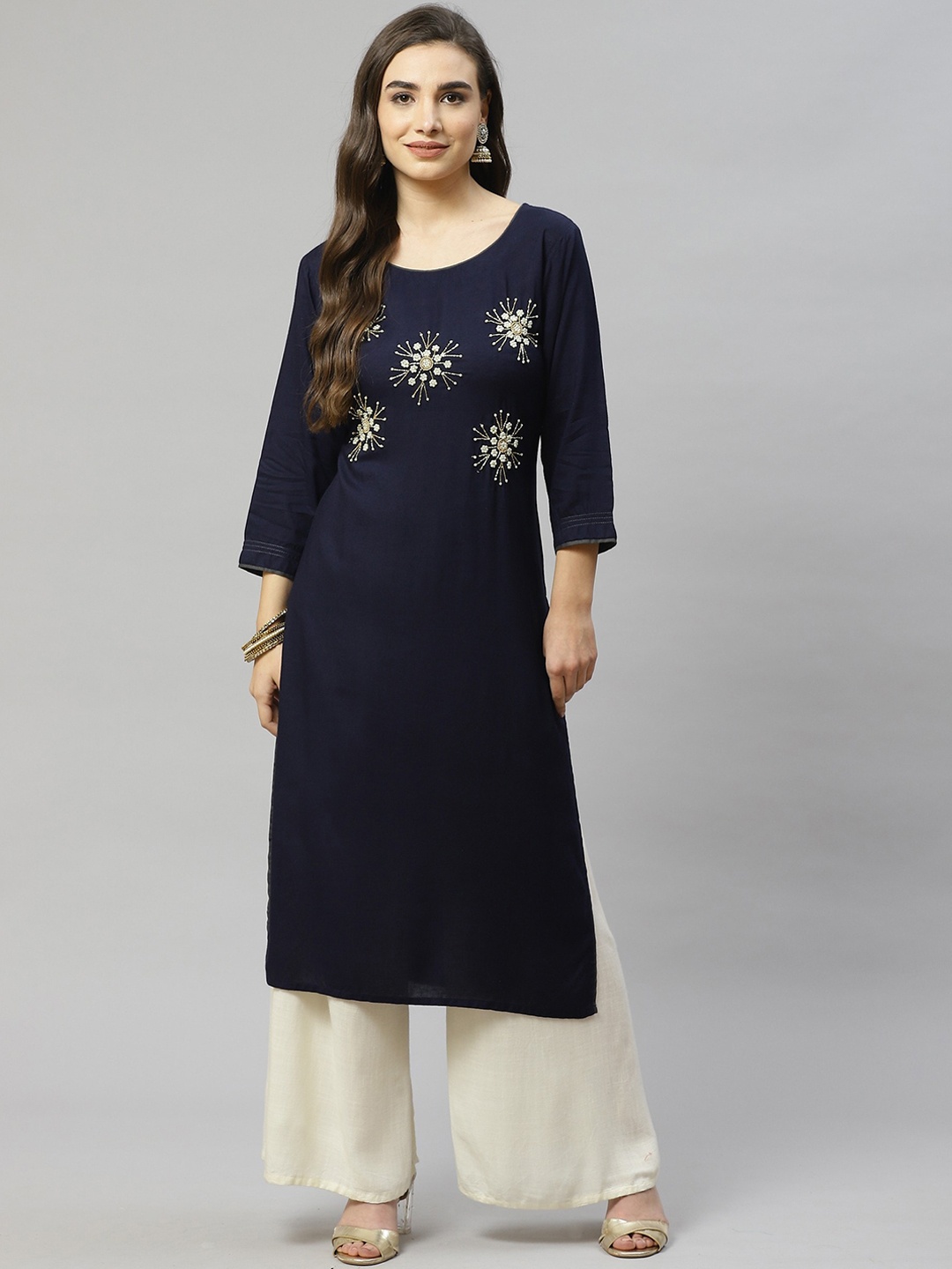 

KALINI Women Navy Blue Ethnic Motifs Embroidered Thread Work Kurta