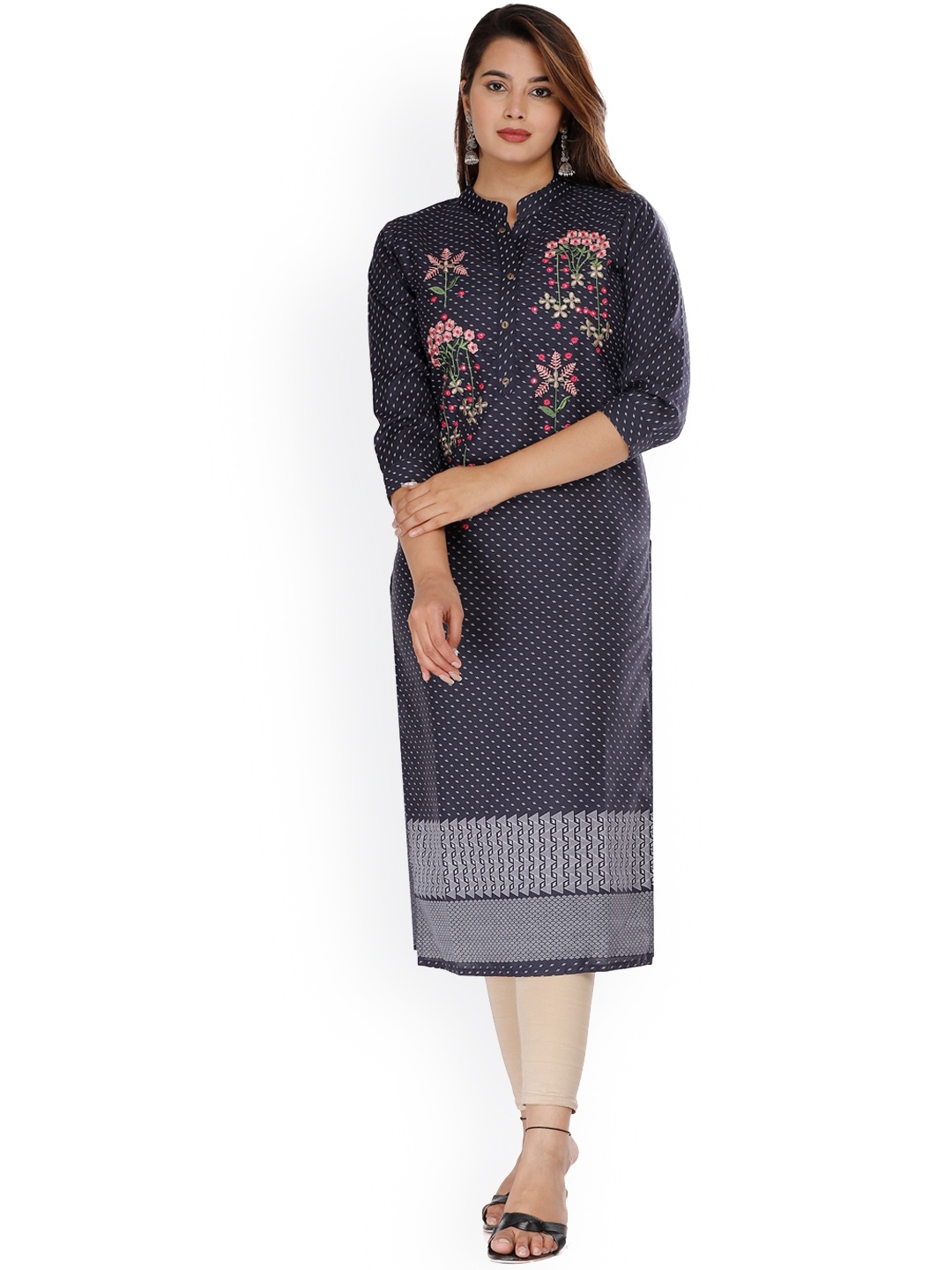

KALINI Women Navy Blue Floral Printed Thread Work Kurta