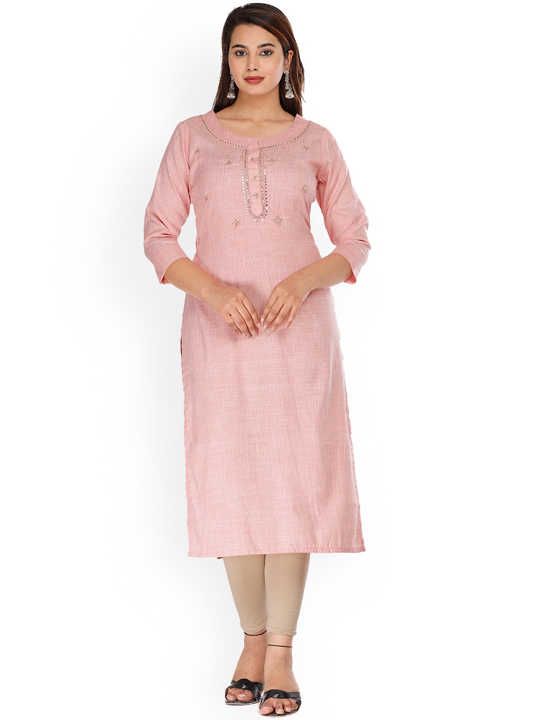 

KALINI Women Pink & Off White Striped Zardozi Kurta