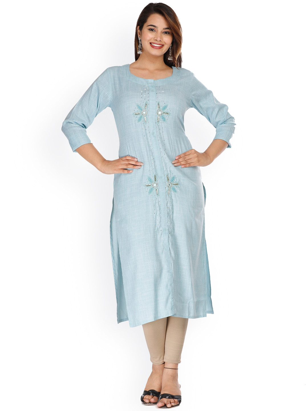 

KALINI Women Blue & Silver-Toned Embellished Zardozi Cotton Kurta