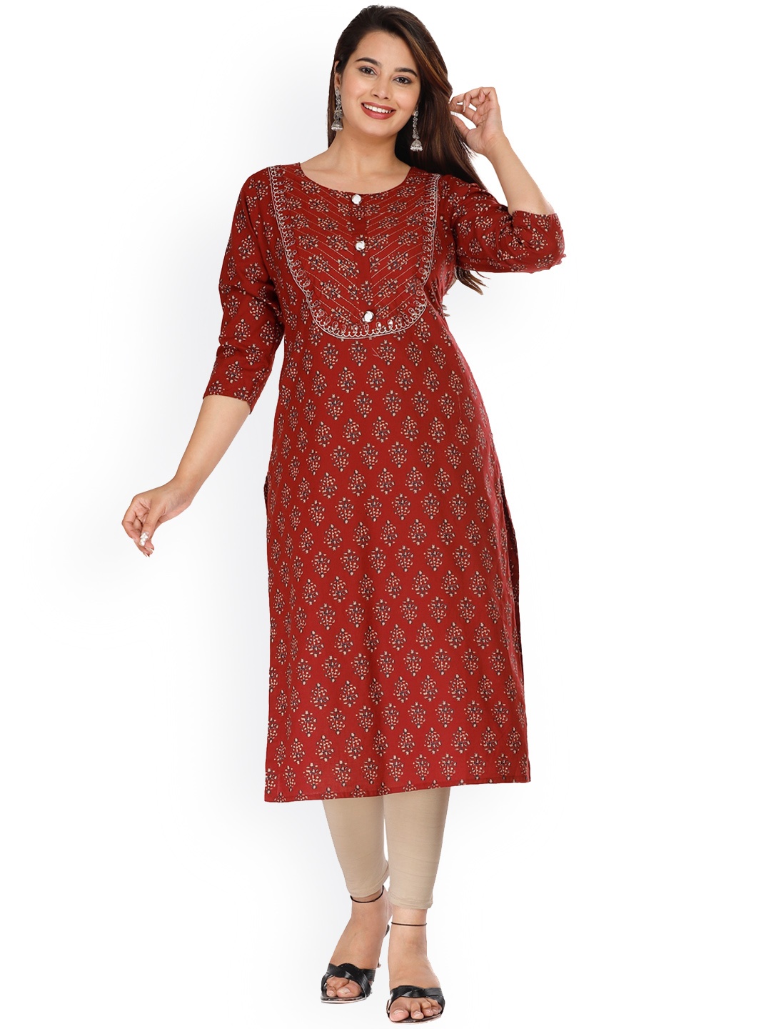 

KALINI Women Maroon & Beige Ethnic Motifs Printed Thread Work Cotton Kurta