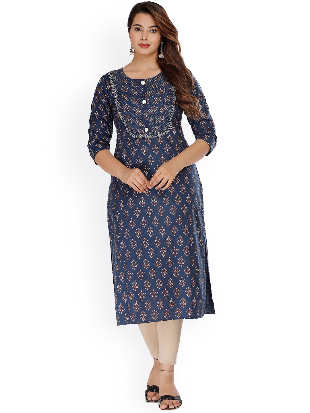 

KALINI Women Navy Blue & Beige Ethnic Motifs Printed Thread Work Cotton Kurta
