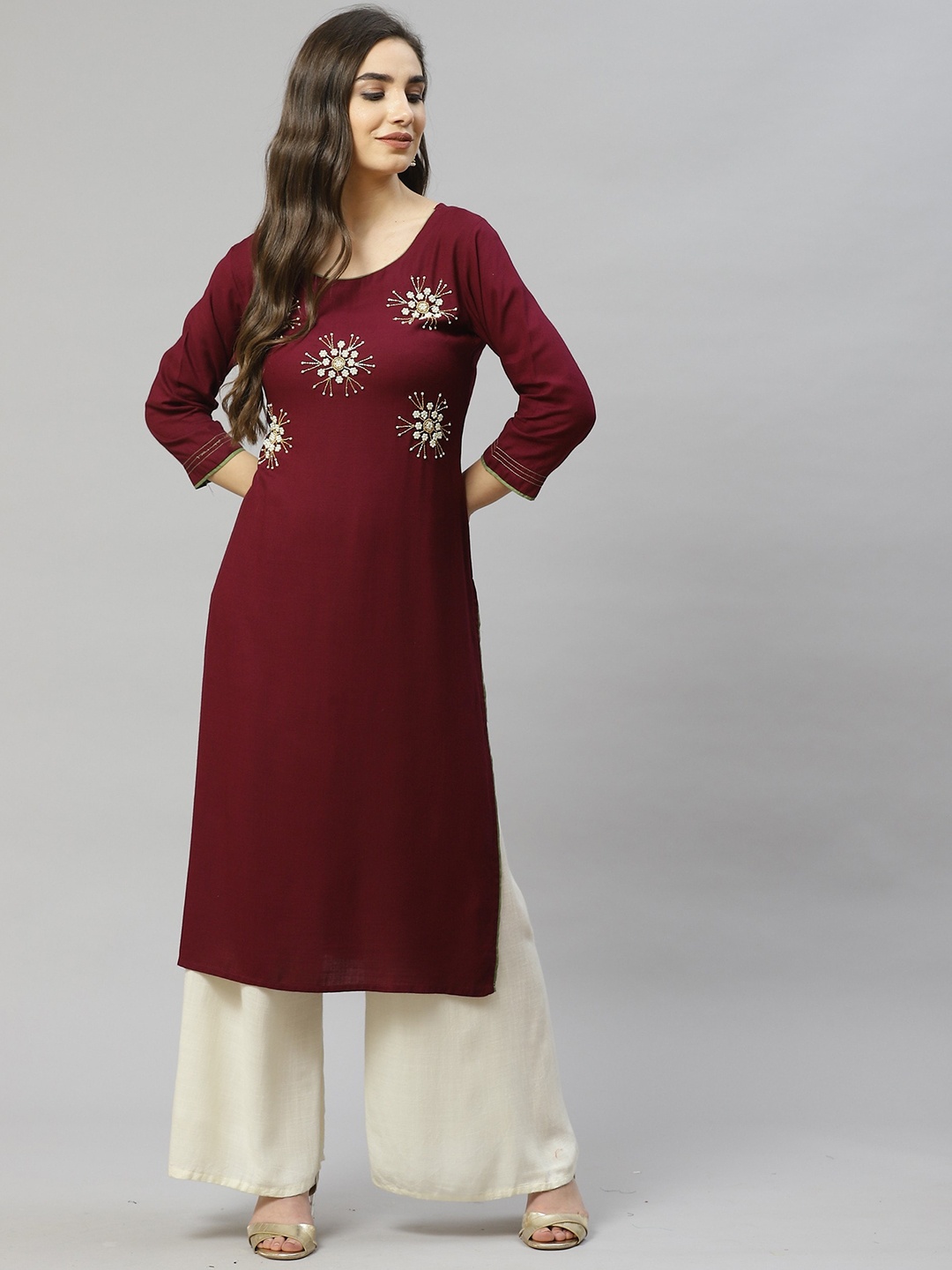 

KALINI Women Burgundy & White Yoke Design Thread Work Kurta