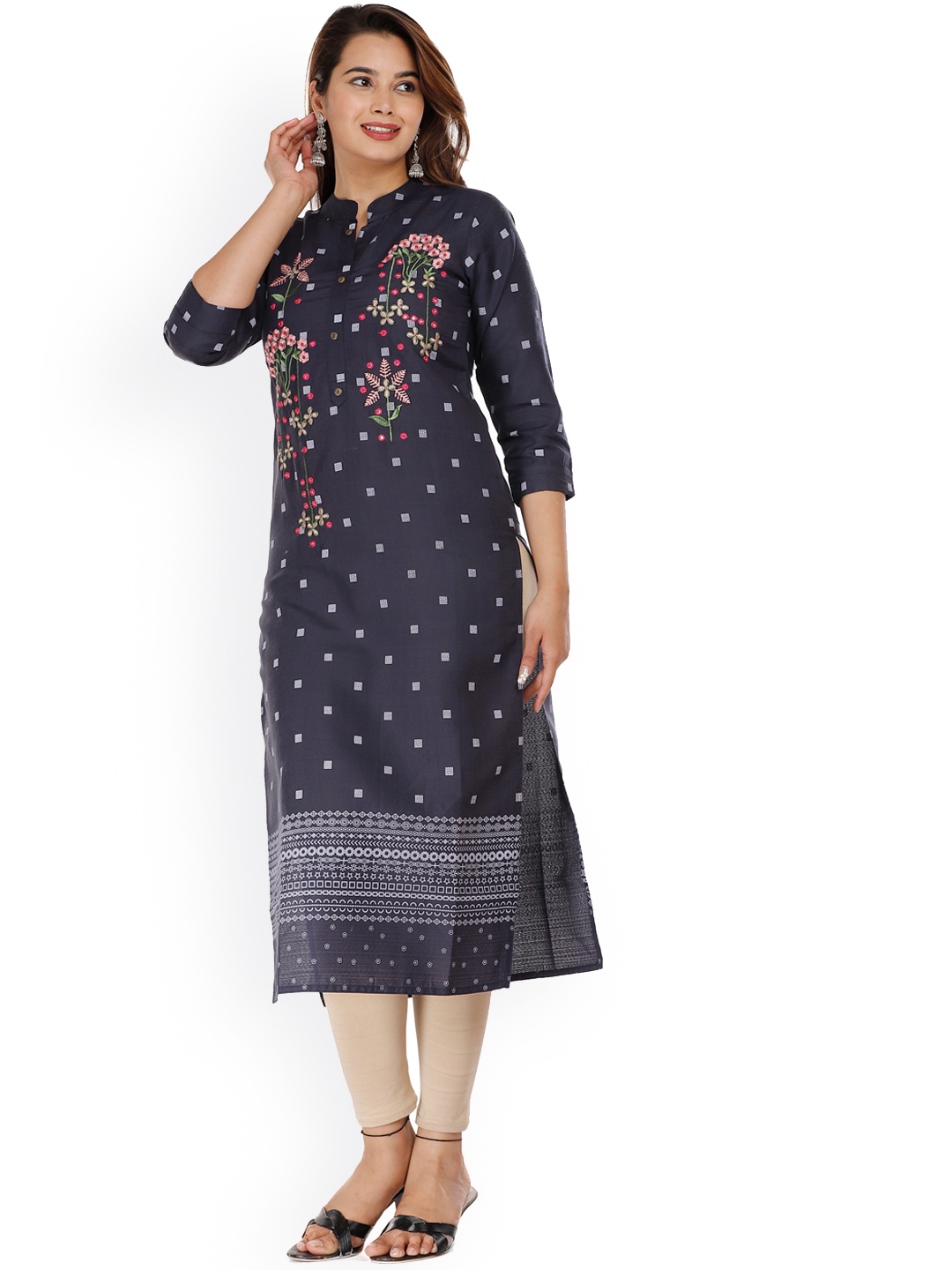 

KALINI Women Navy Blue Floral Printed Thread Work Kurta