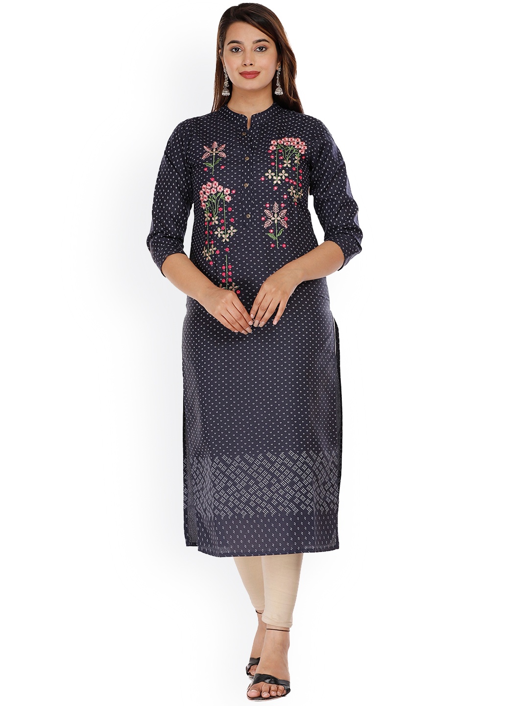 

KALINI Women Navy Blue & White Geometric Printed Thread Work Cotton Kurta