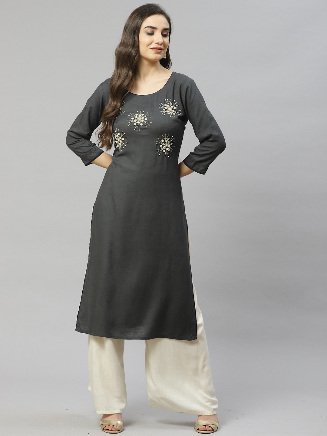 KALINI Women Grey Floral Embroidered Thread Work Kurta