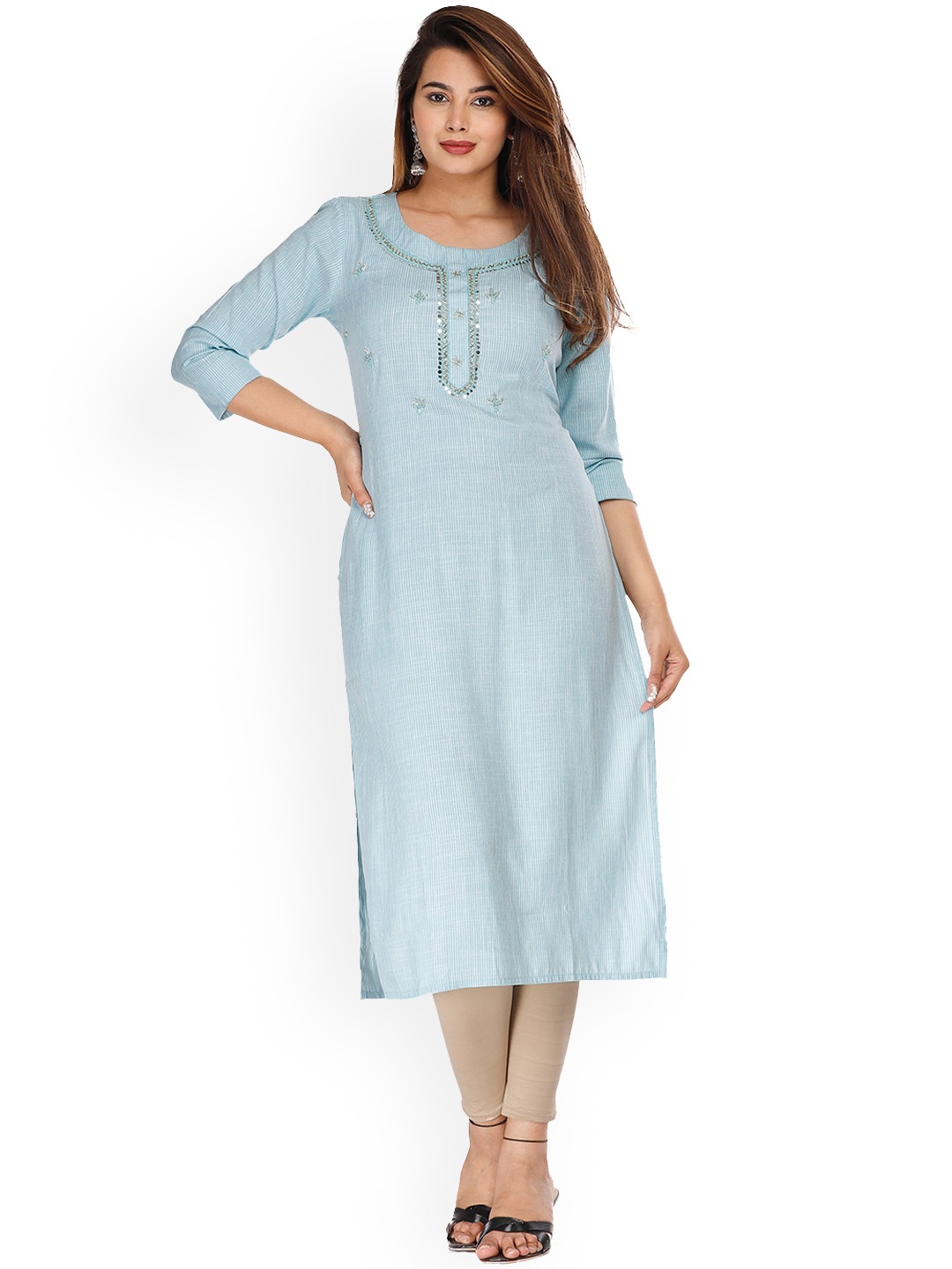 

KALINI Women Blue Embellished Cold-Shoulder Sleeves Mirror Work Kurta