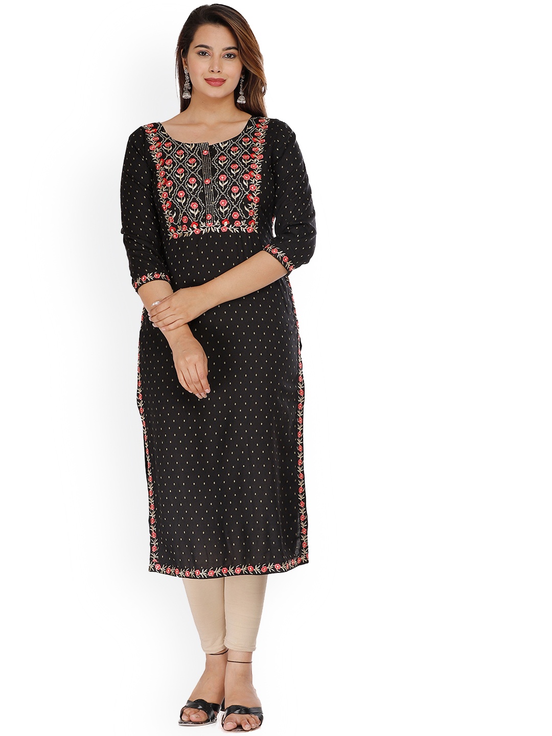 

KALINI Women Navy Blue & Gold-Toned Ethnic Motifs Printed Thread Work Kurta