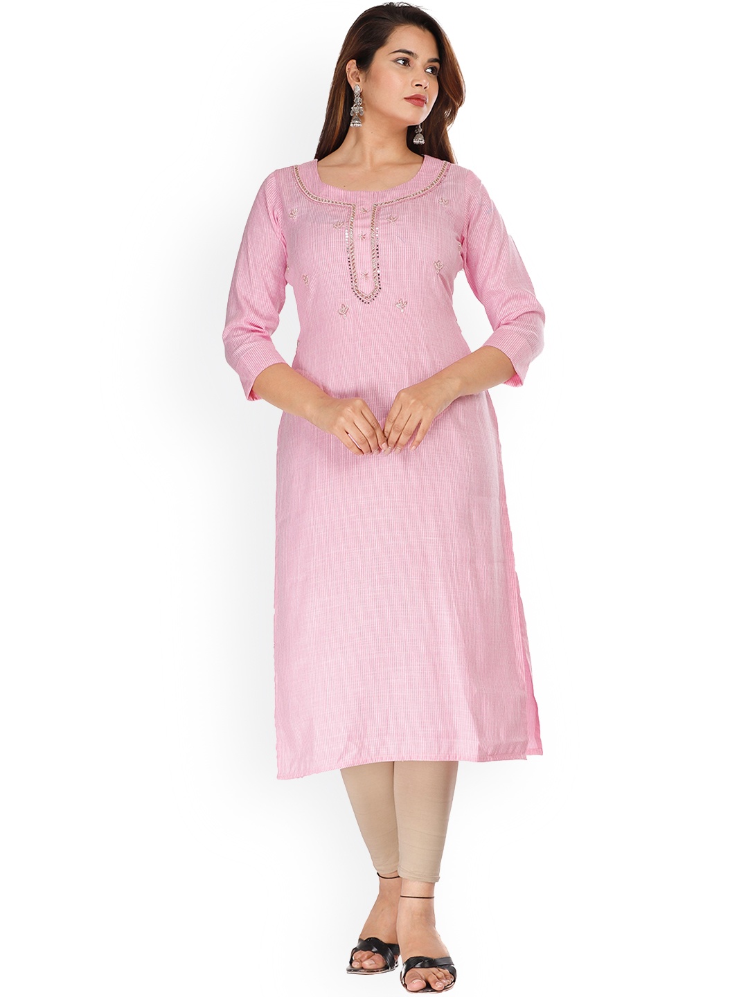 

KALINI Women Pink & Off White Striped Zardozi Kurta