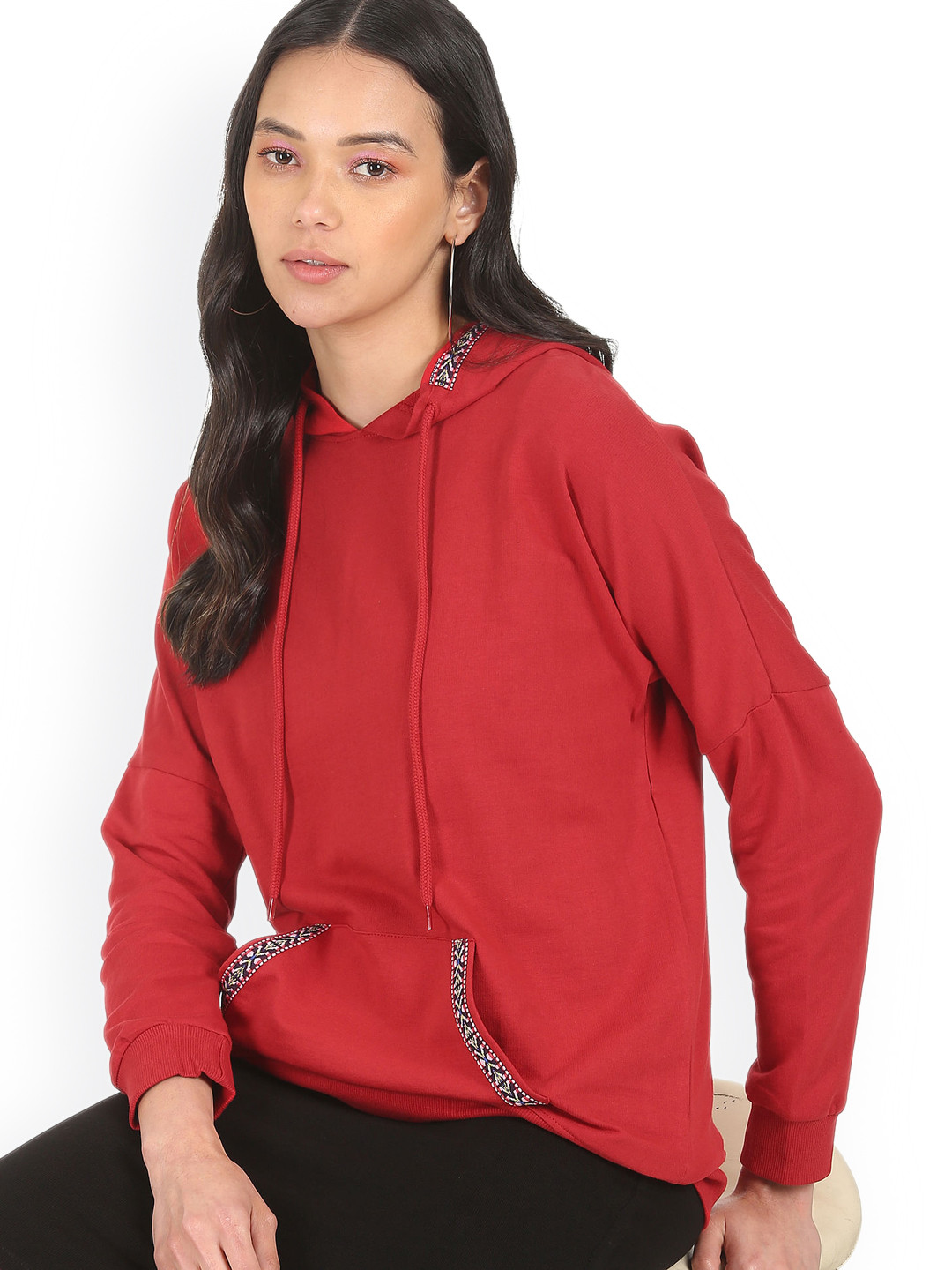 

Sugr Women Red Solid Cotton Hooded Sweatshirt