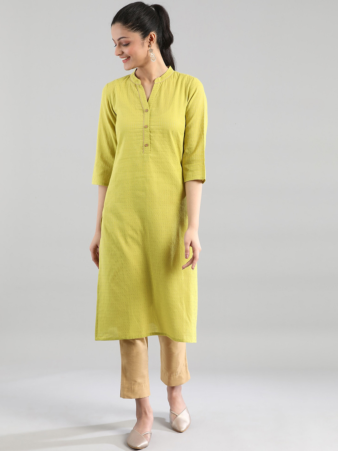 

AURELIA Women Green Woven Design Cotton Kurta