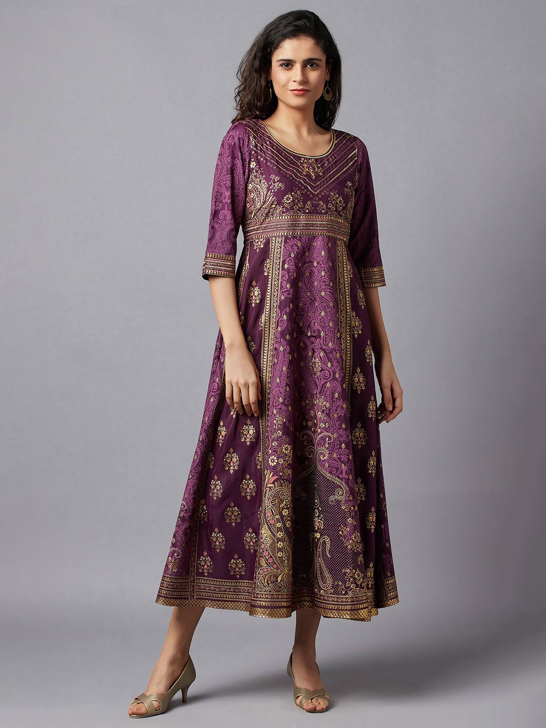 

AURELIA Purple Ethnic Motifs Embroidered Ethnic Empire Maxi Dress