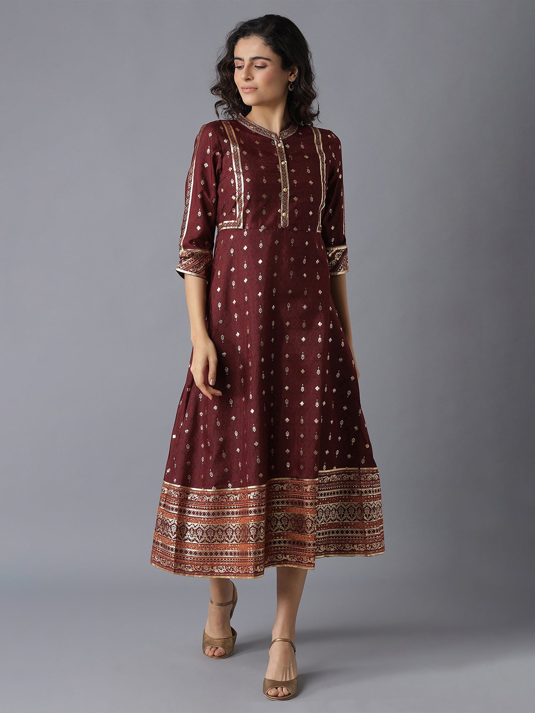 

AURELIA Maroon And Gold Ethnic Motifs A-Line Midi Dress
