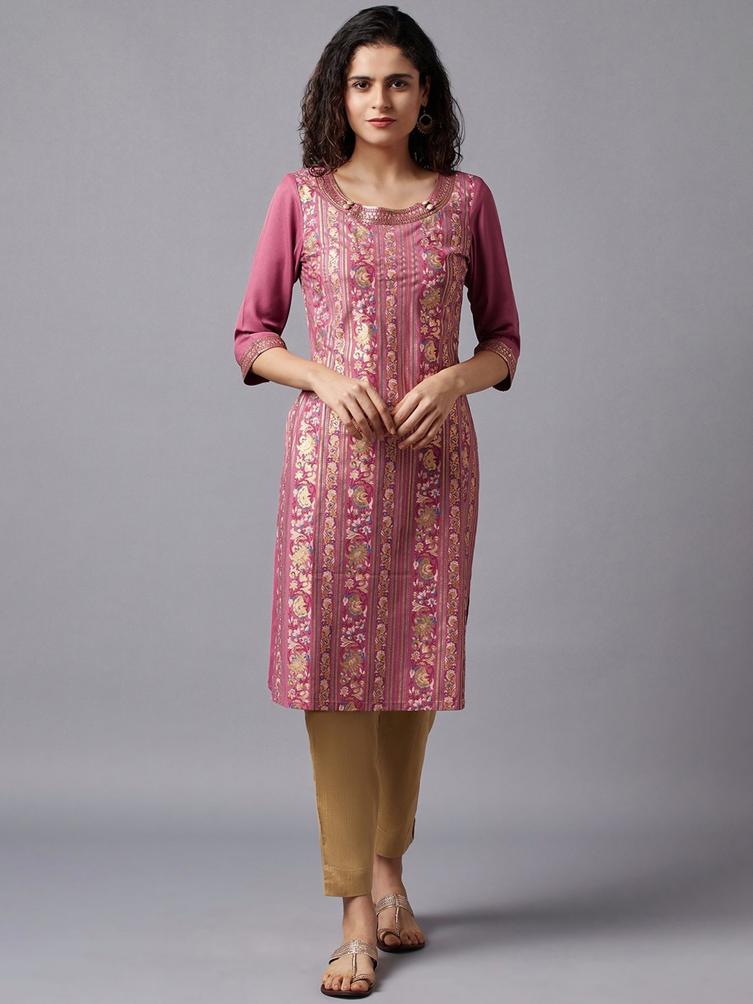 

AURELIA Women Mauve & Gold-Toned Ethnic Motifs Printed Kurta