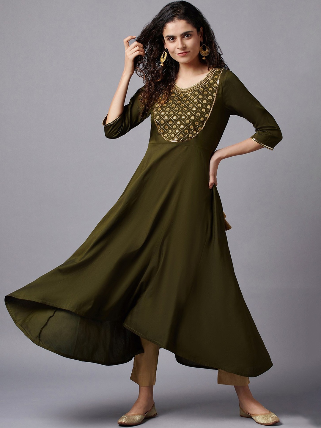 

AURELIA Women Green Ethnic Motifs Embroidered Anarkali Kurta