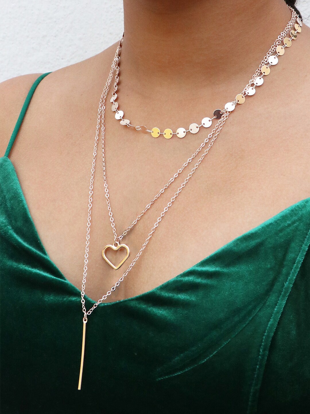 

Ayesha Rose Gold-Plated Heart Line Sequins Studded Statement Layered Necklace
