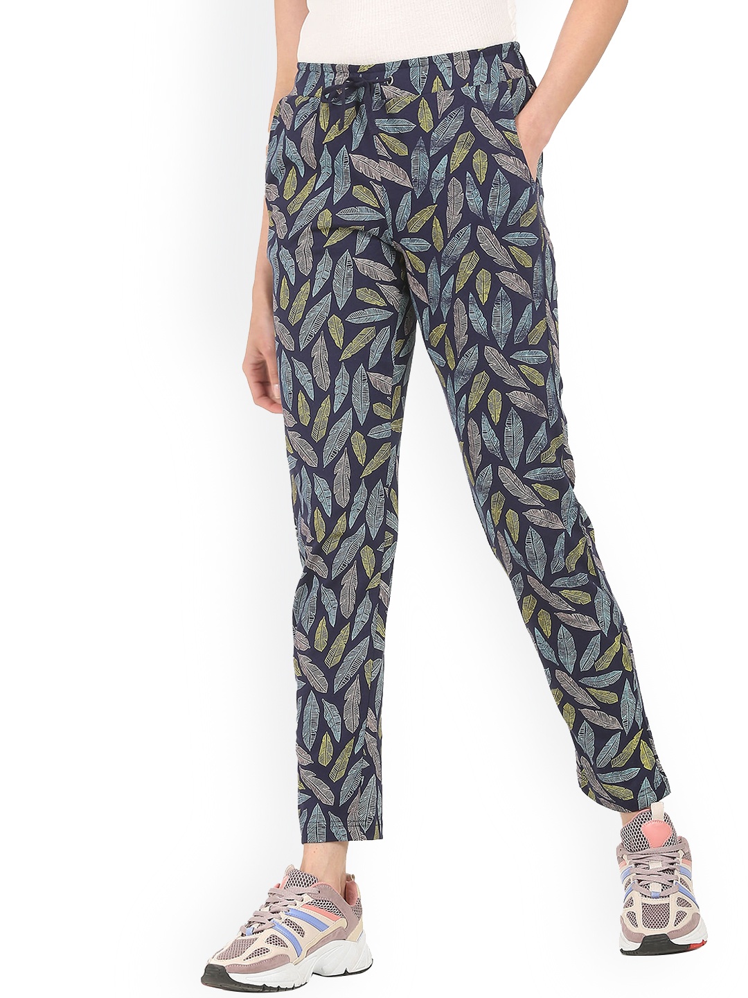 

Sugr Women Blue & Yellow Floral Printed Pure Cotton Straight-Fit Track Pants