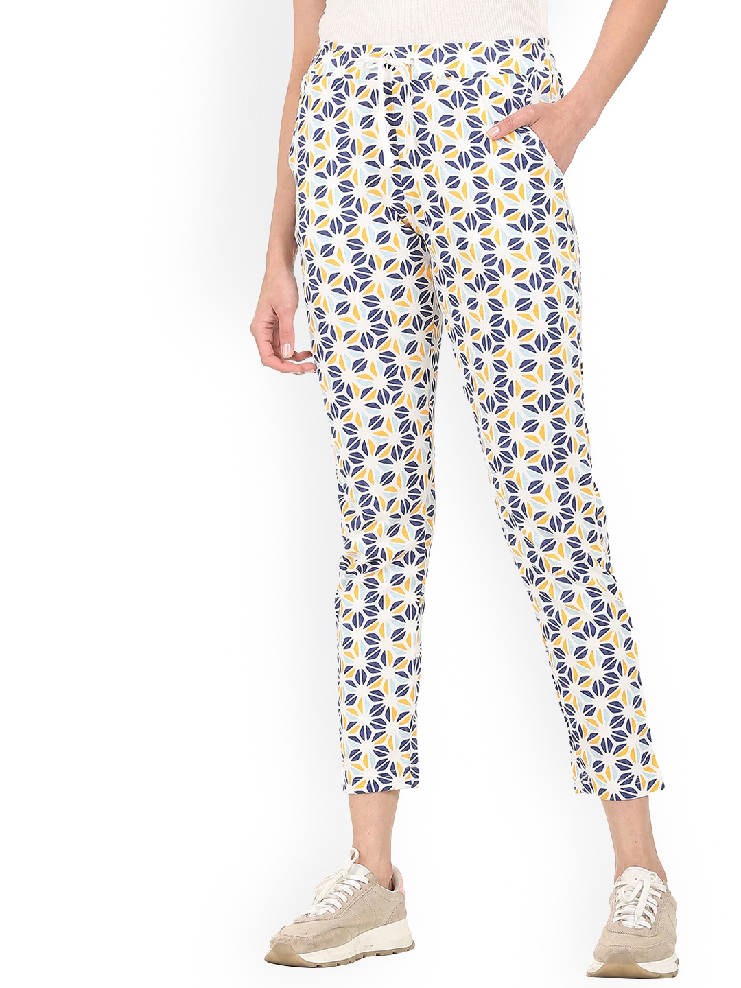 

Sugr Women White & Blue Graphic Printed Pure Cotton Straight-Fit Track Pants