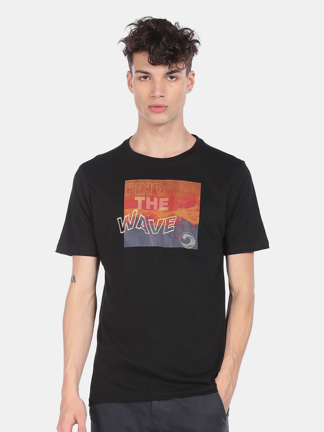 

Colt Men Black Graphic Printed Cotton Regular Fit Casual T-shirt