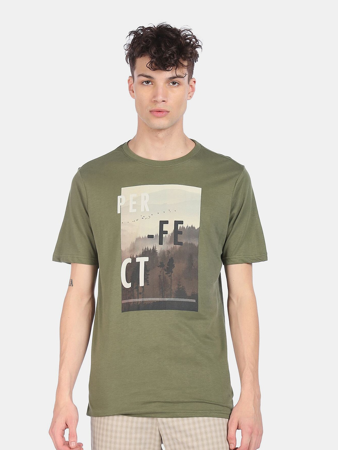 

Colt Men Olive Green Typography Printed Pure Cotton T-shirt