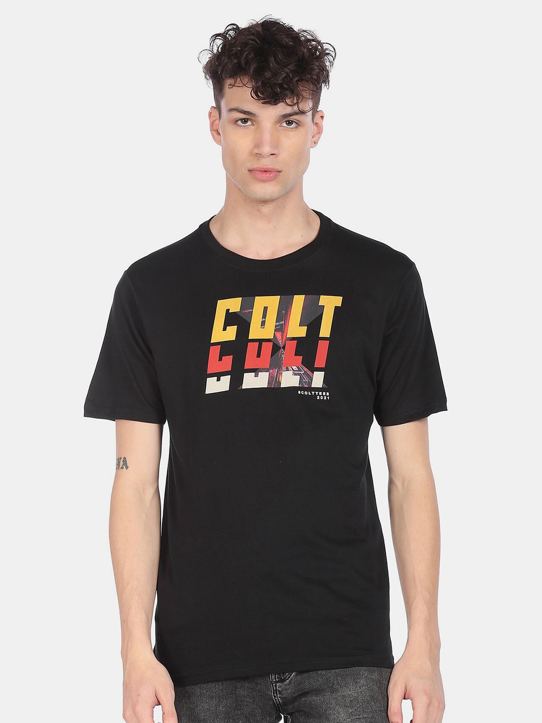 

Colt Men Black Typography Printed Pure Cotton T-shirt