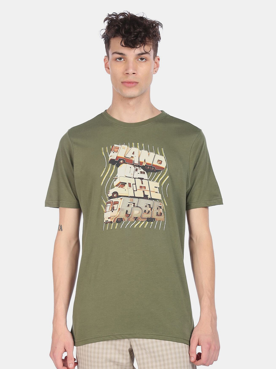 

Colt Men Olive Green Graphic Printed Pure Cotton T-shirt