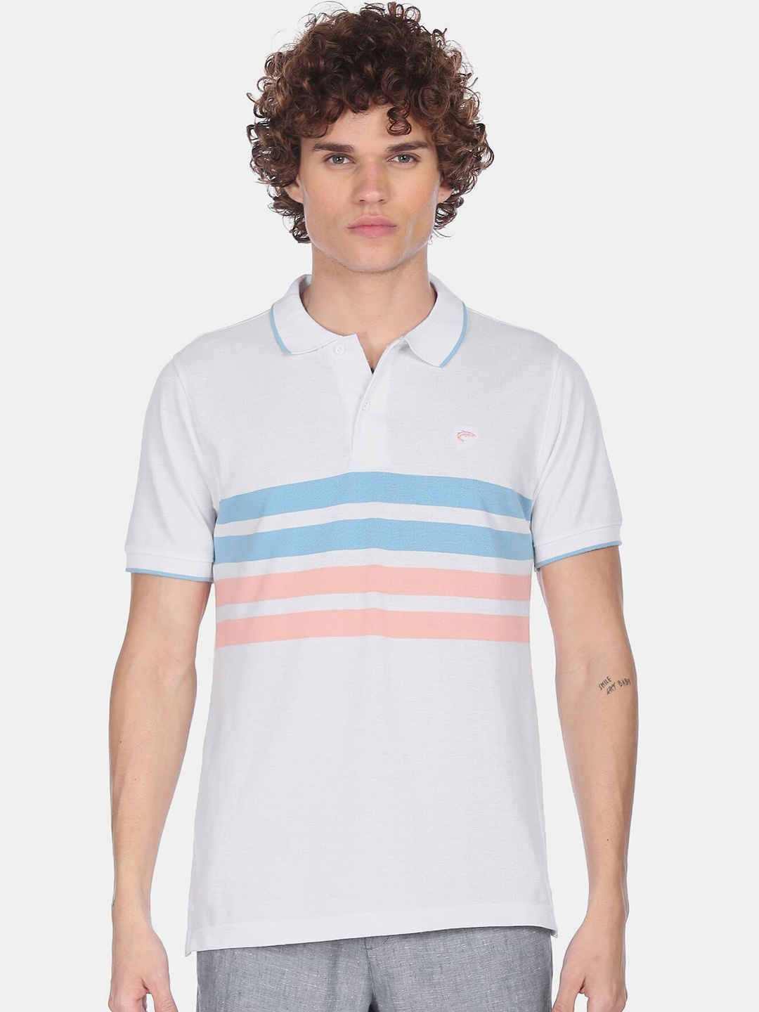 

Ruggers Men White & Blue Striped Polo Collar T-shirt
