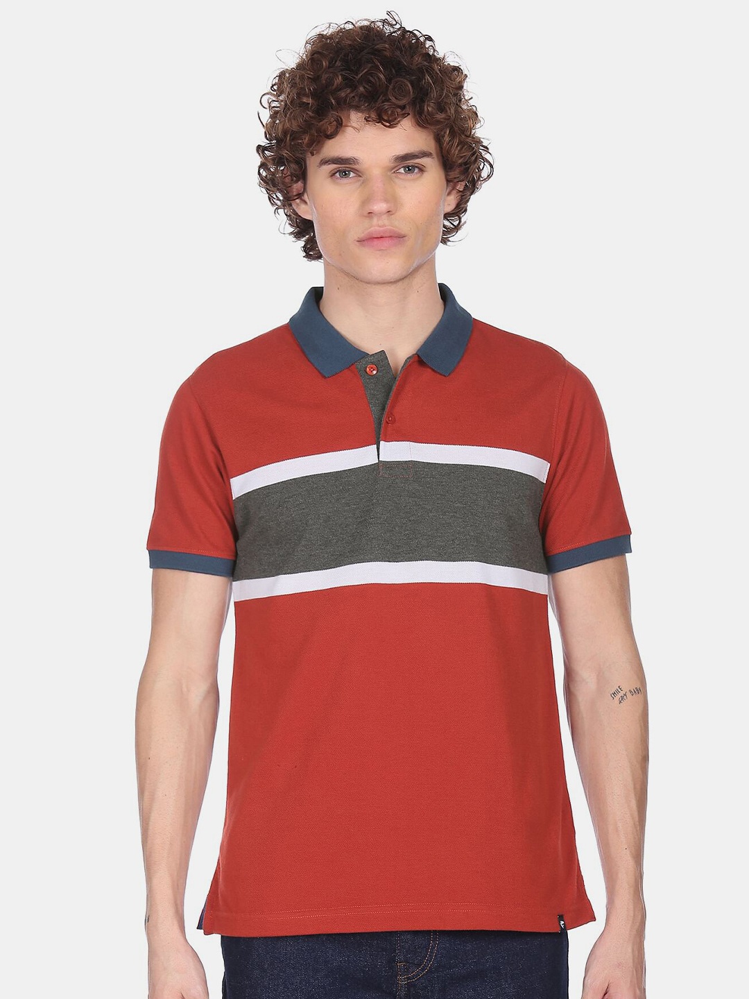 

Ruggers Men Red & Grey Colourblocked Polo Collar T-shirt