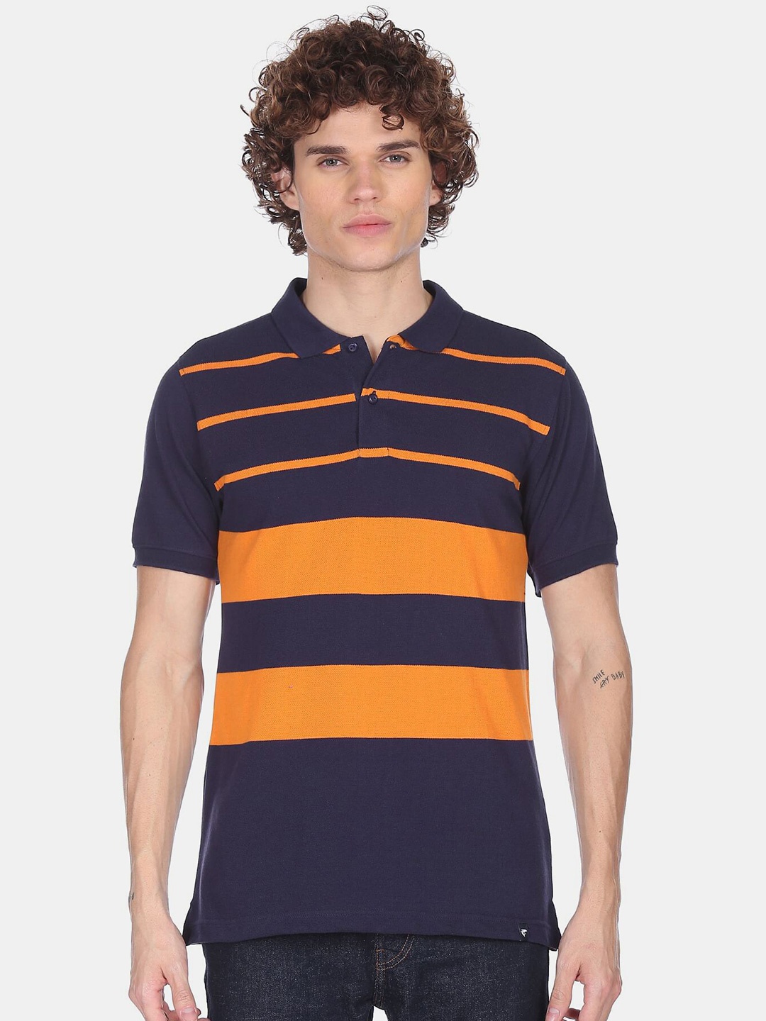 

Ruggers Men Blue & Orange Striped Polo Collar T-shirt