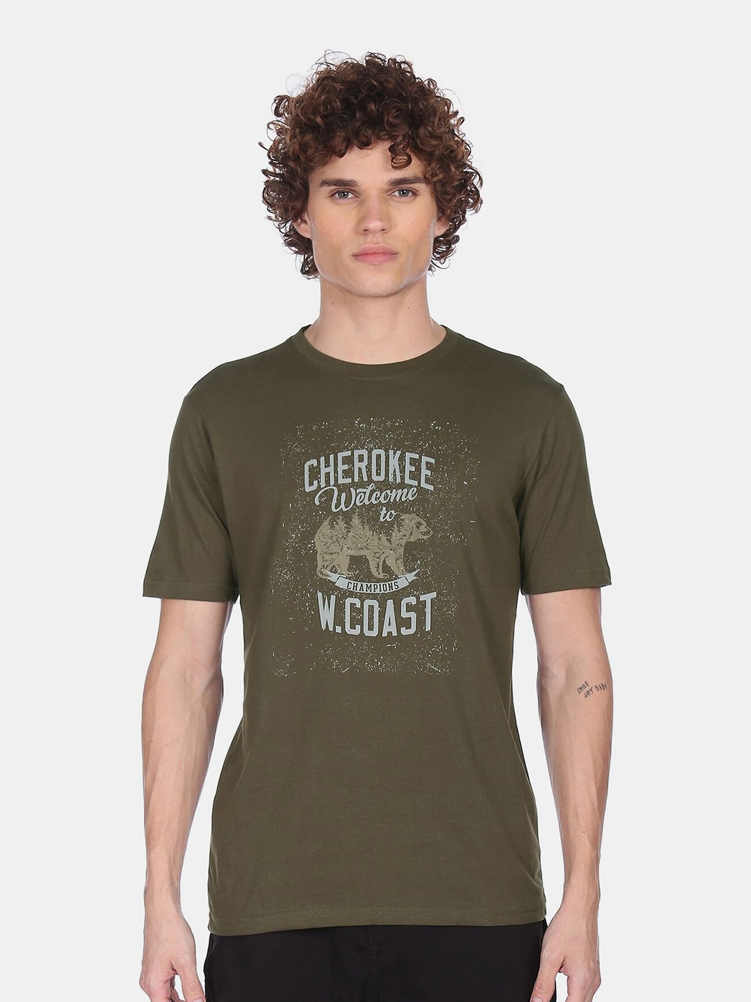 

Cherokee Men Green & Blue Typography Printed Pure Cotton T-shirt