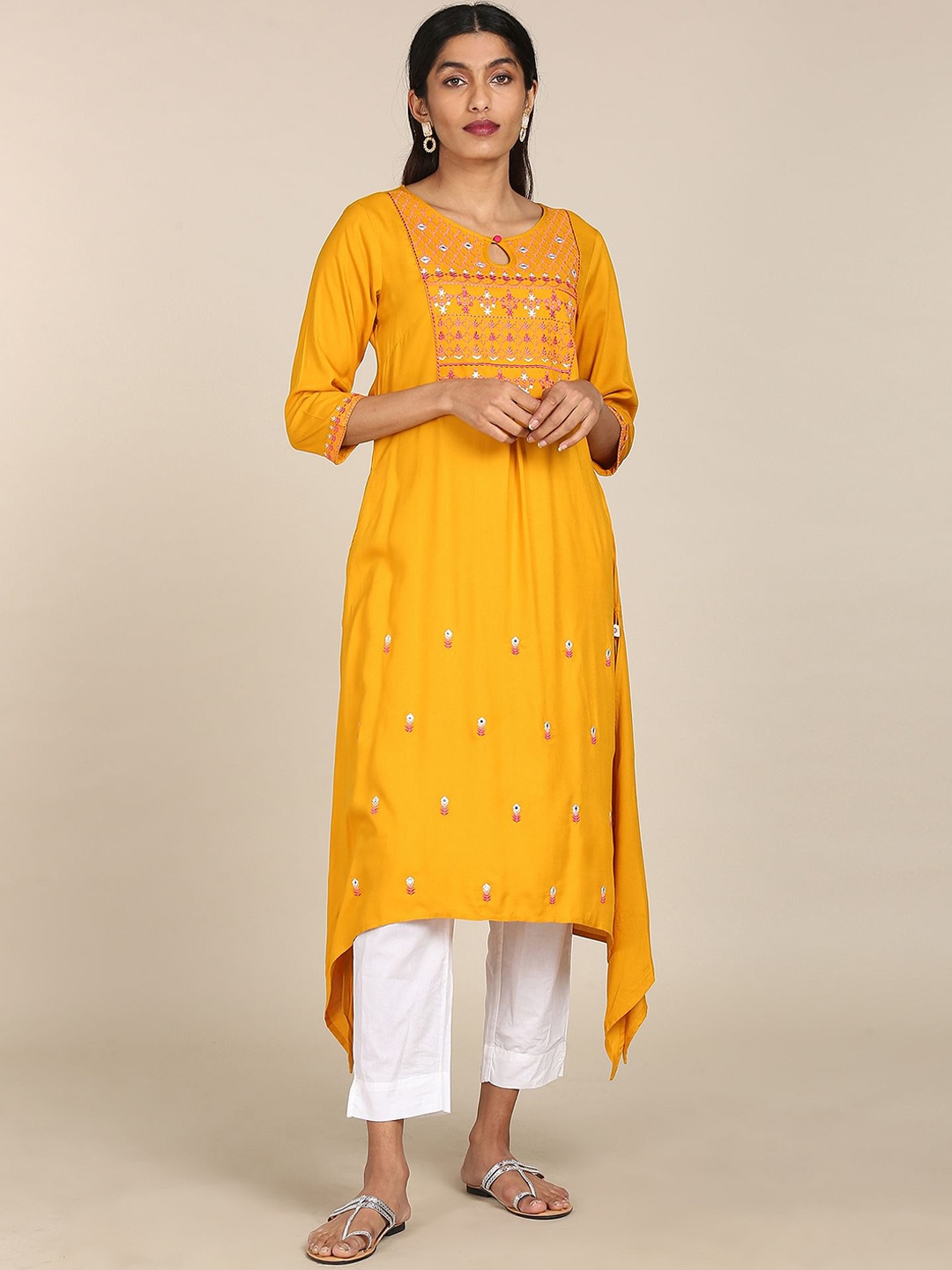 

Karigari Women Yellow Ethnic Motifs Embroidered Kurta
