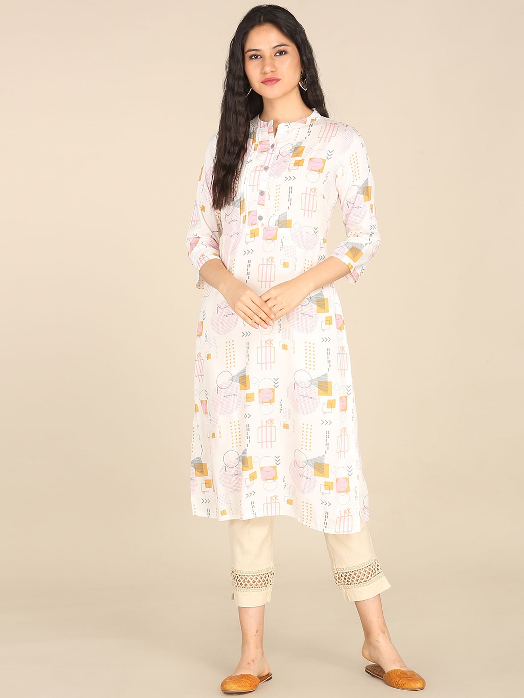 

Karigari Women White Printed Flared Sleeves Kurta