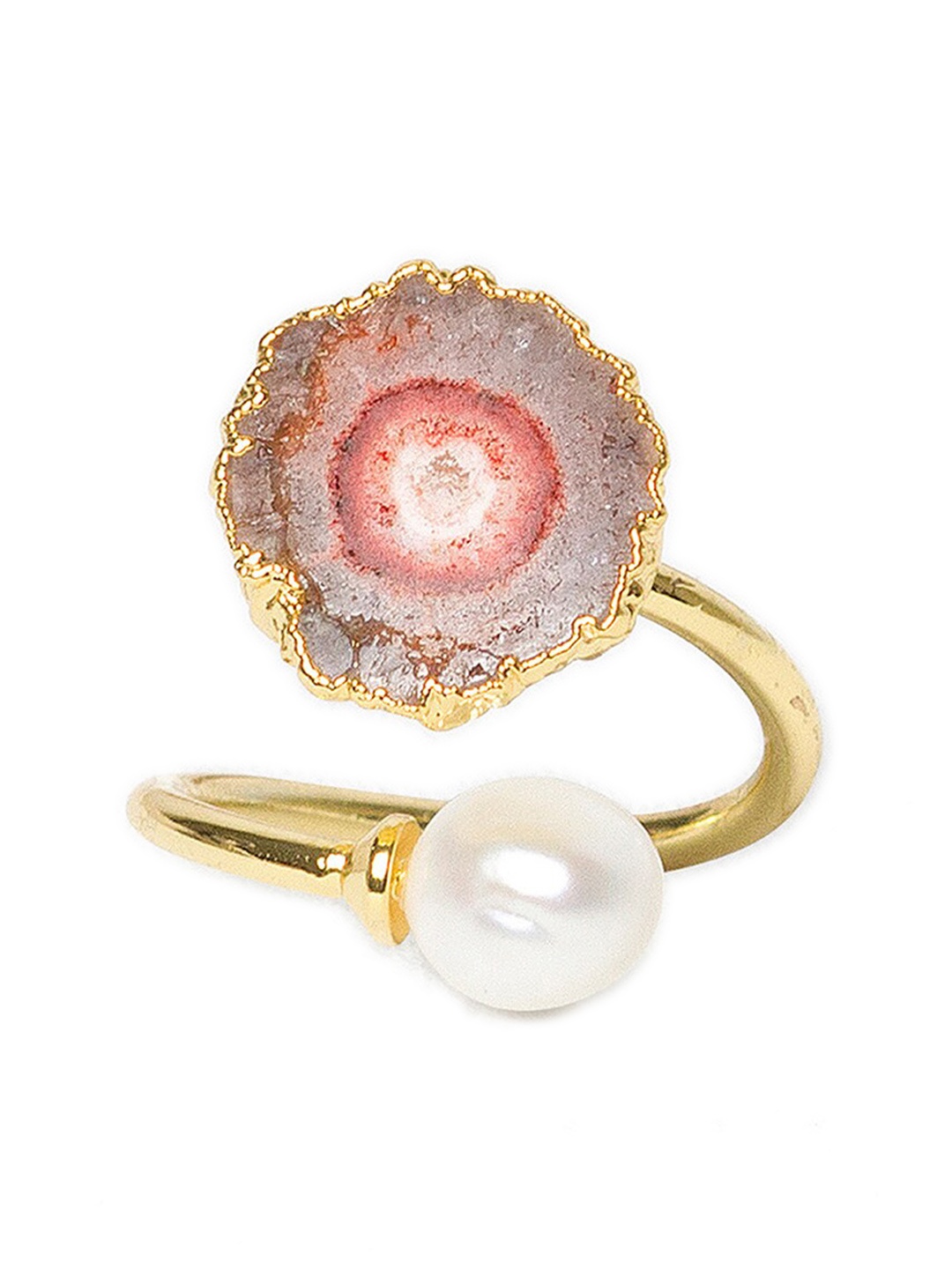 

Mikoto by FableStreet 14KT Gold-Plated & White Pearl & Quartz-Studded Im-perfect Adjustable Finger Ring