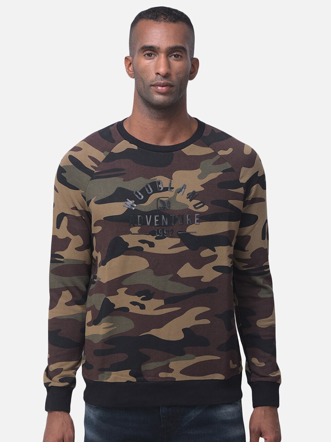 

Woodland Men Olive Green Camouflage Printed Sweatshirt