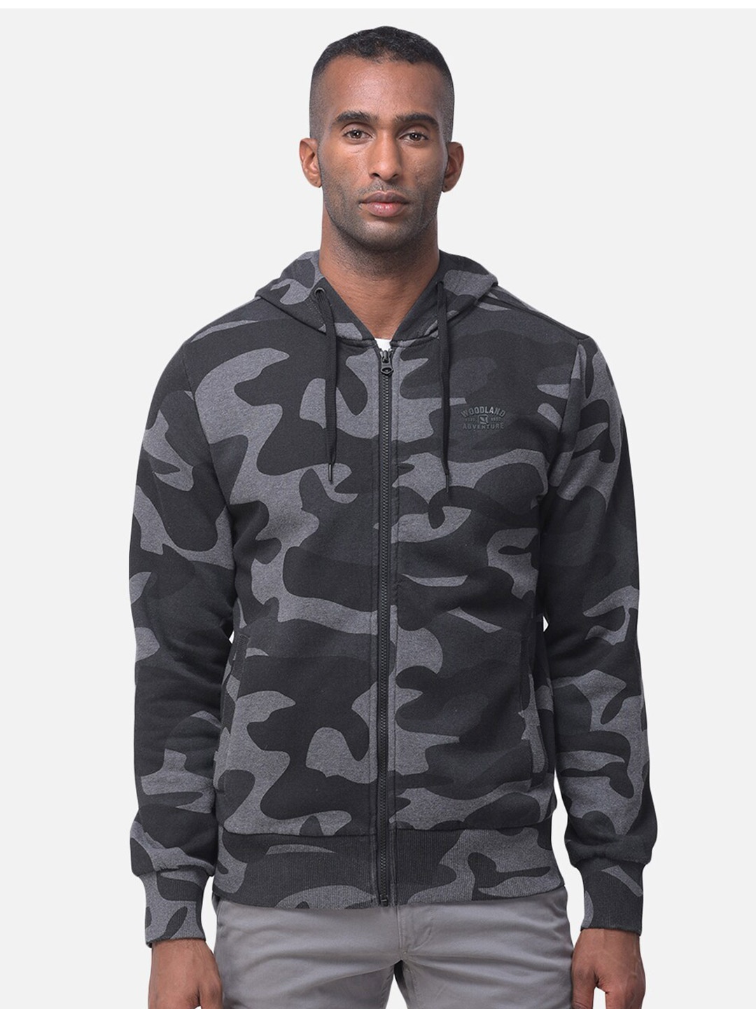 

Woodland Men Grey Camouflage Printed Hooded Sweatshirt